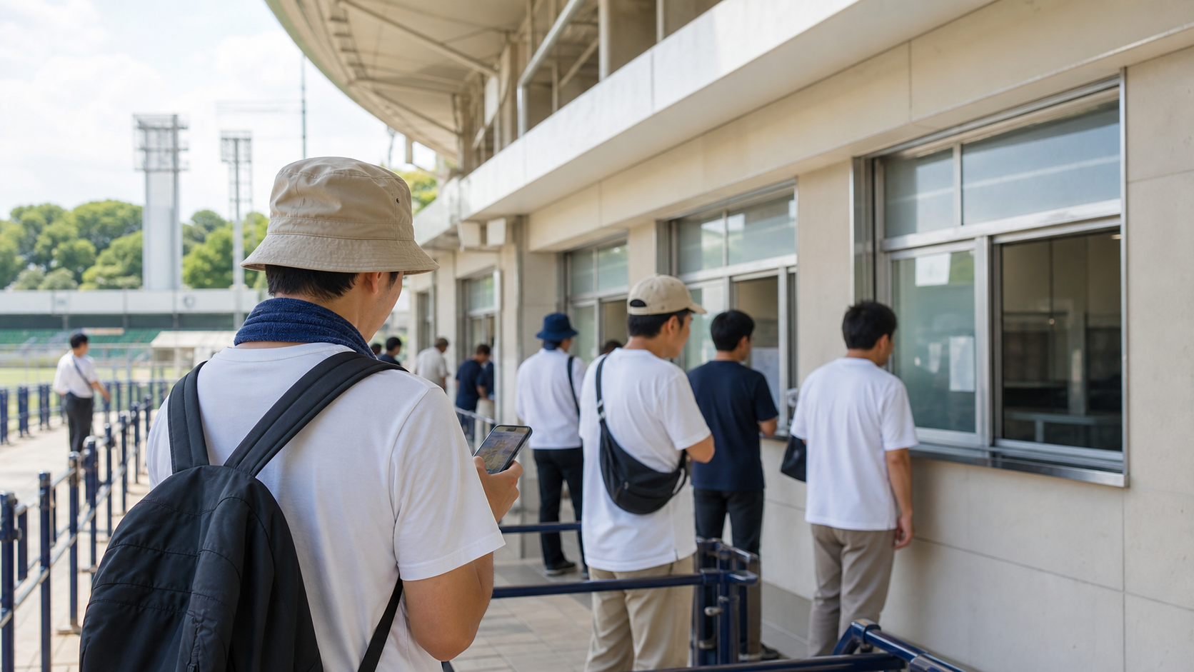 神奈川県高校野球チケットを球場窓口で確認する様子