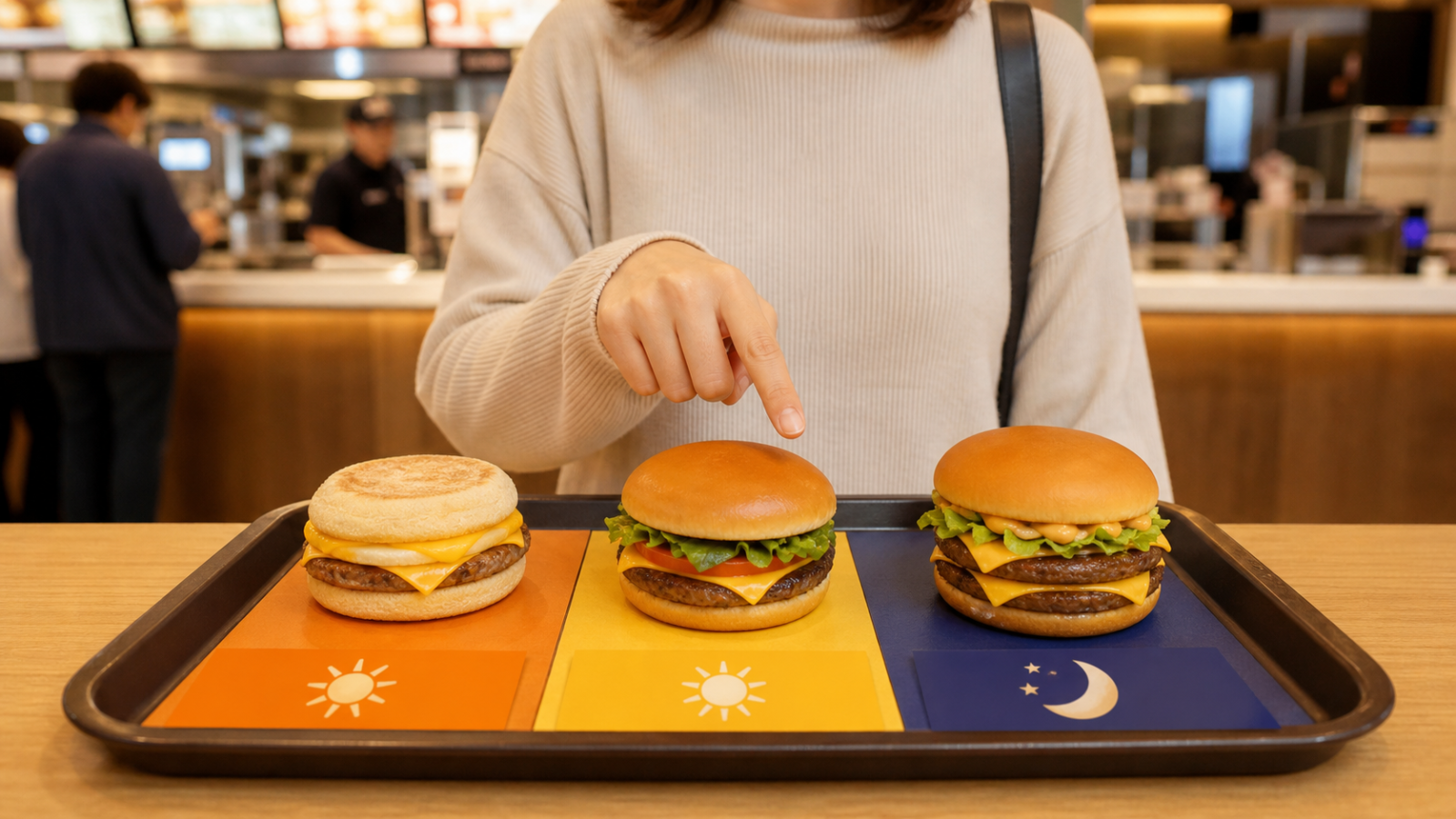 朝昼夜でマックのポケモンメニューを選ぶイメージ