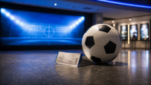 ブルーロック実写映画がどこまで描くかを考える映画館とサッカーボールのイメージ