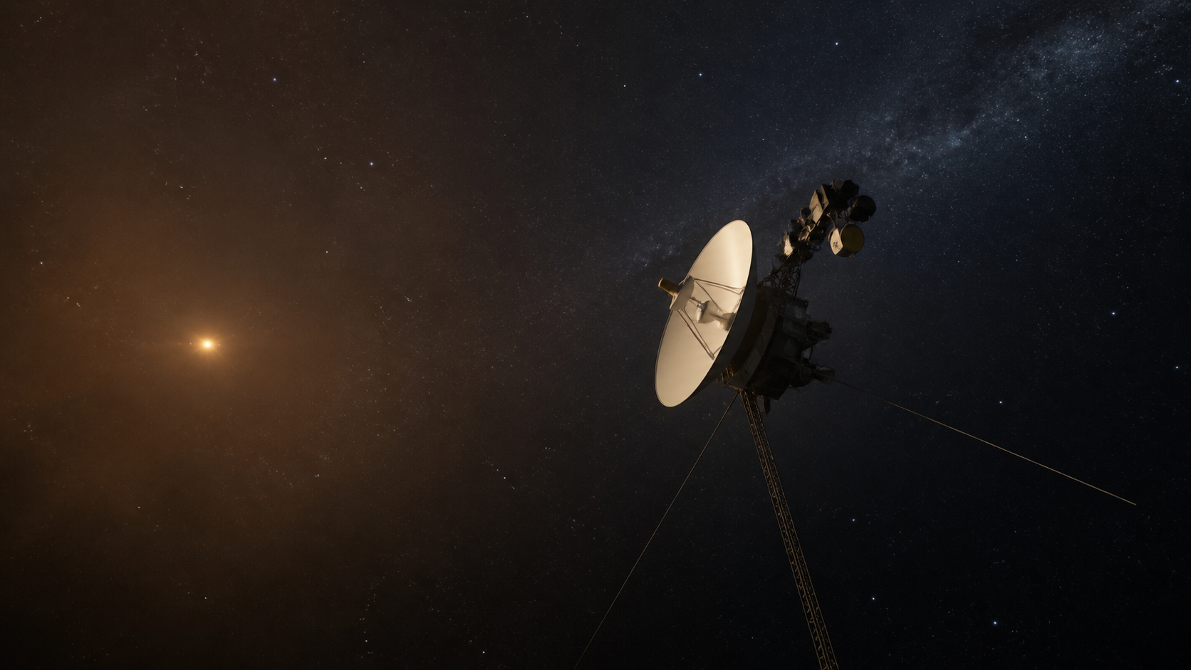 遠い太陽を背に星間空間を進むボイジャー2号のイメージ