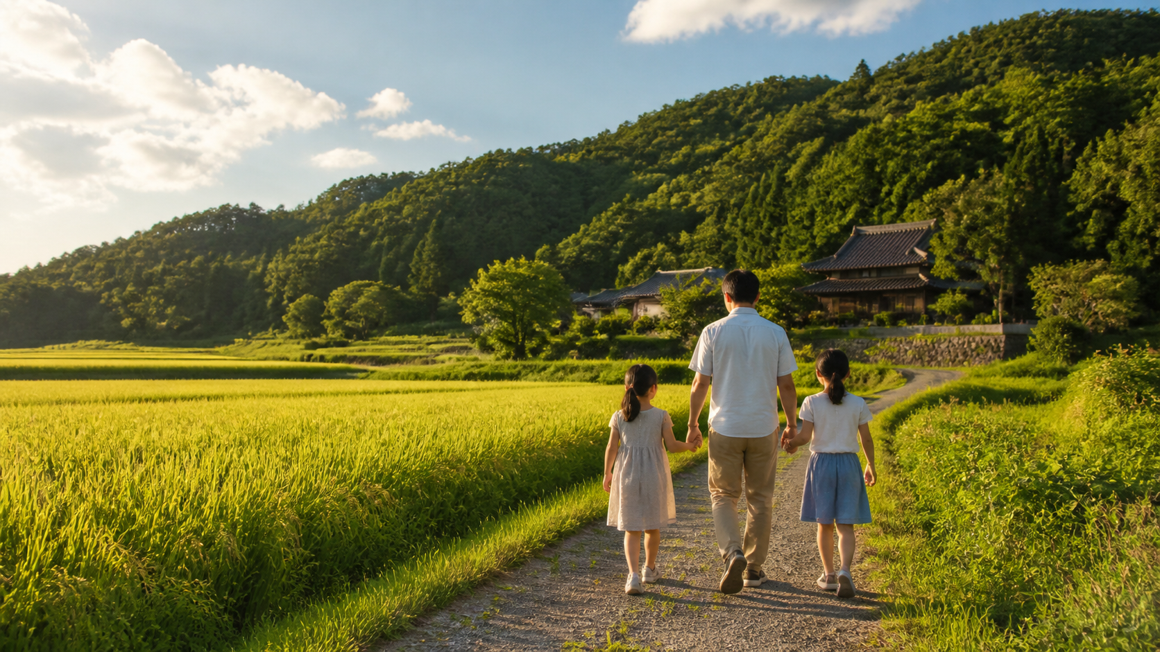 父と二人の娘が夏の田園を歩く家族のイメージ