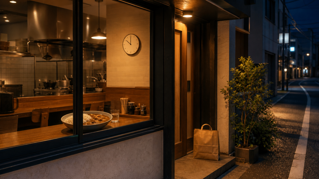 ココイチの深夜料金を解説する夜のカレー店イメージ