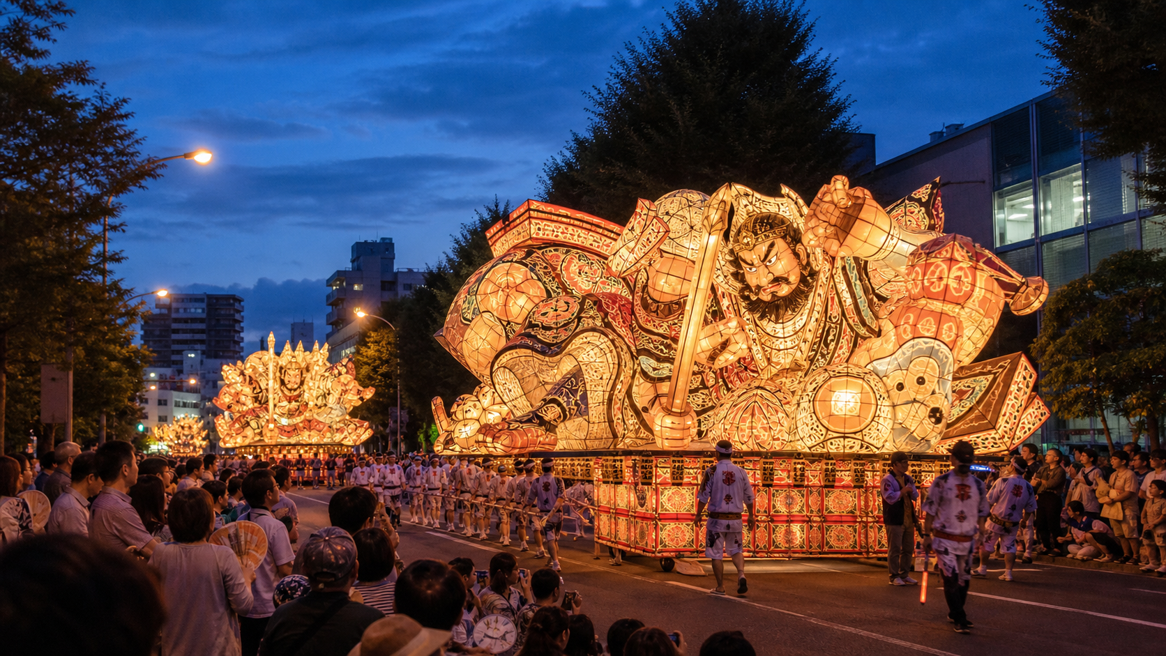 青森ねぶた祭2026の時間と運行コースをイメージした夜の祭り風景