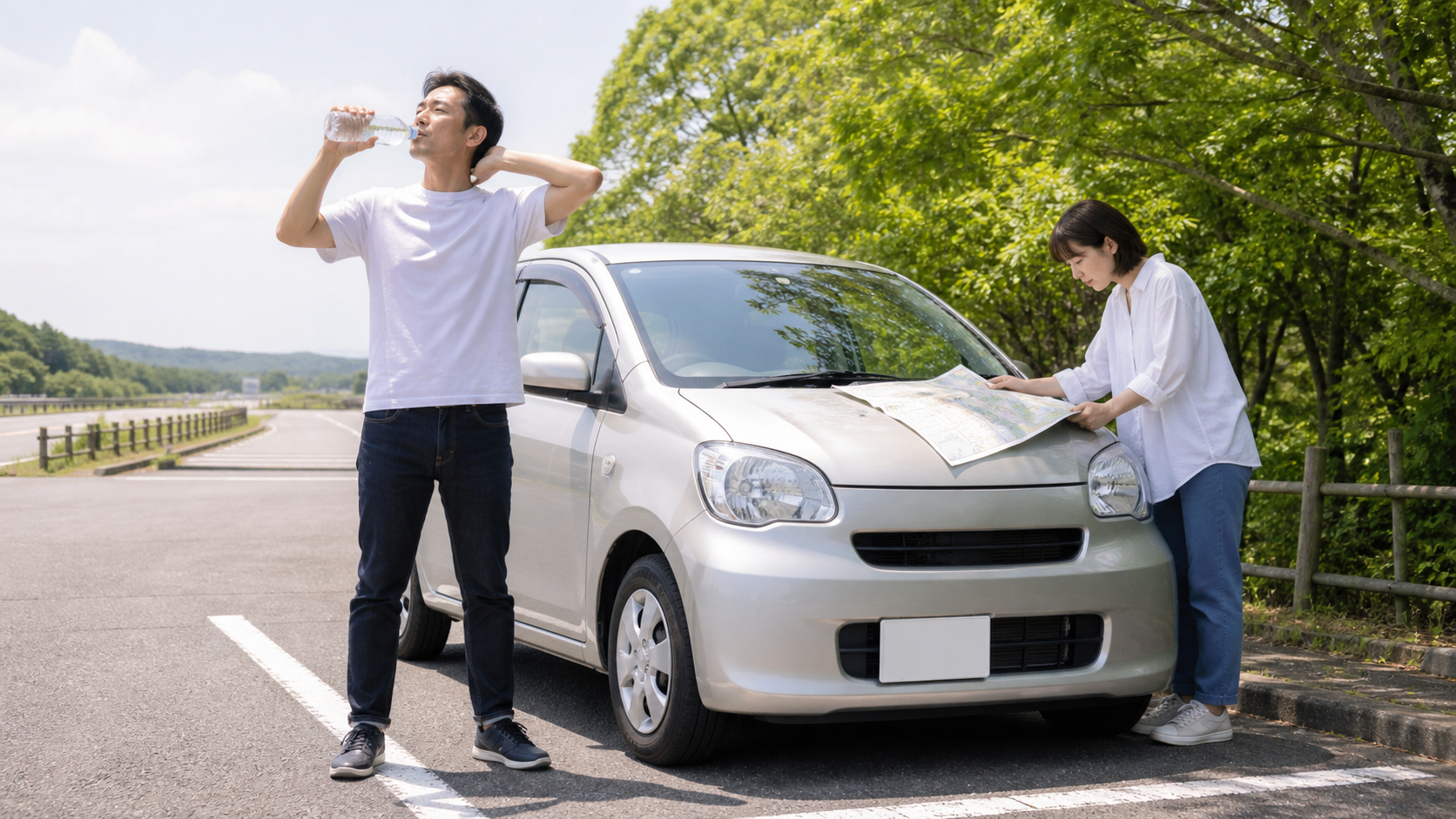 サービスエリアで水分補給とルート確認をする2人