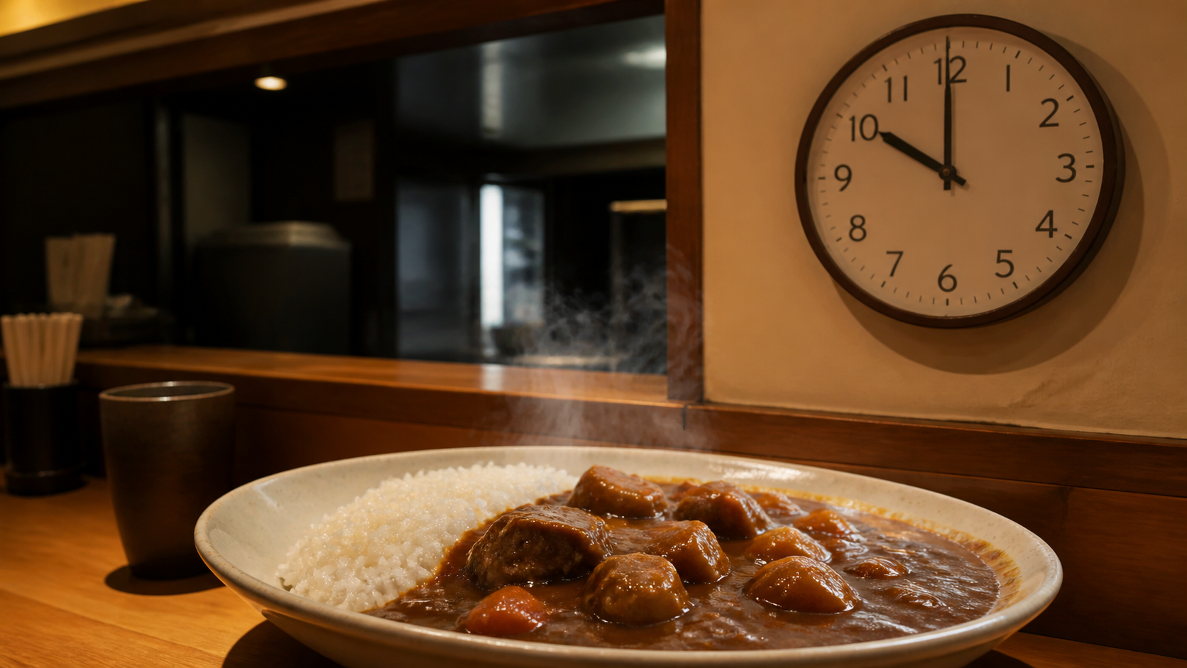 ココイチの深夜料金が何時からかを示す22時の時計とカレー