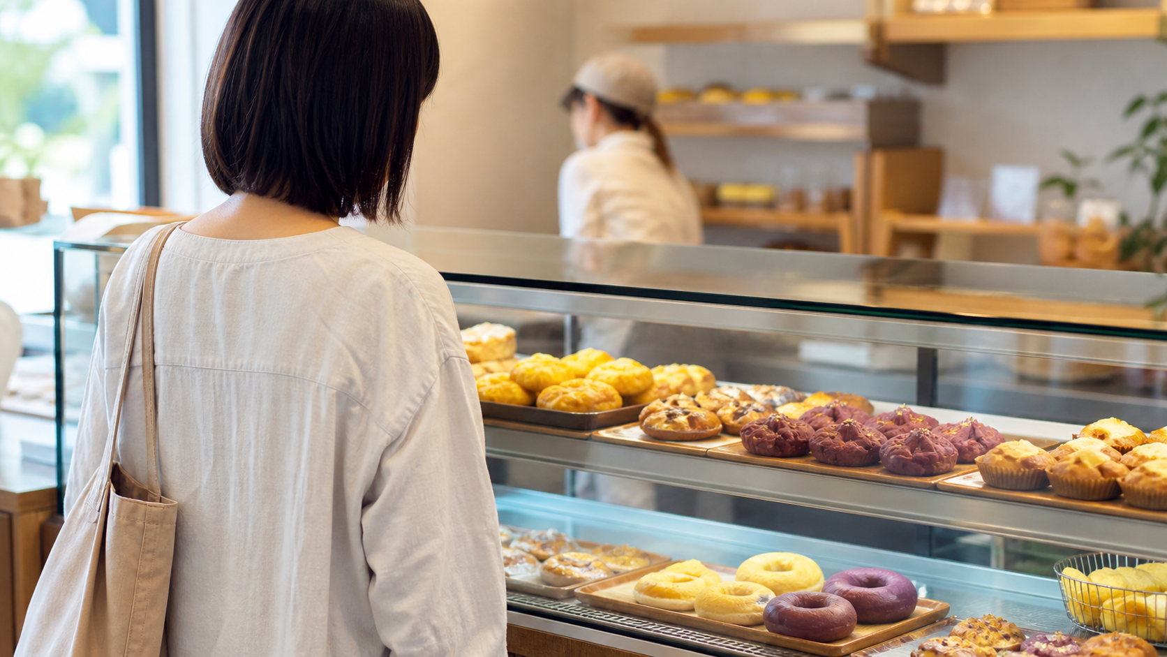 ミスドさつまいもドの取扱店舗を店頭で確認するイメージ