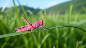 ピンクのバッタが夏の草の葉に止まっている様子