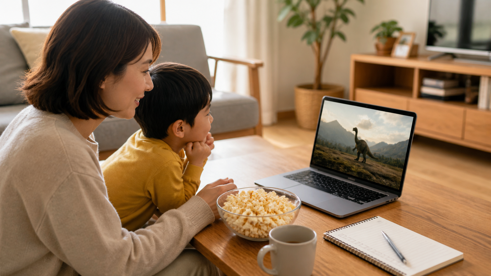 オークストリートの異変を子供と見る前に予告を確認する親子のイメージ