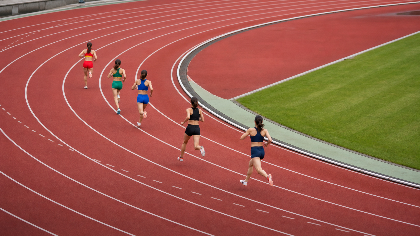 トラックのカーブを走る女子800m選手たちのイメージ