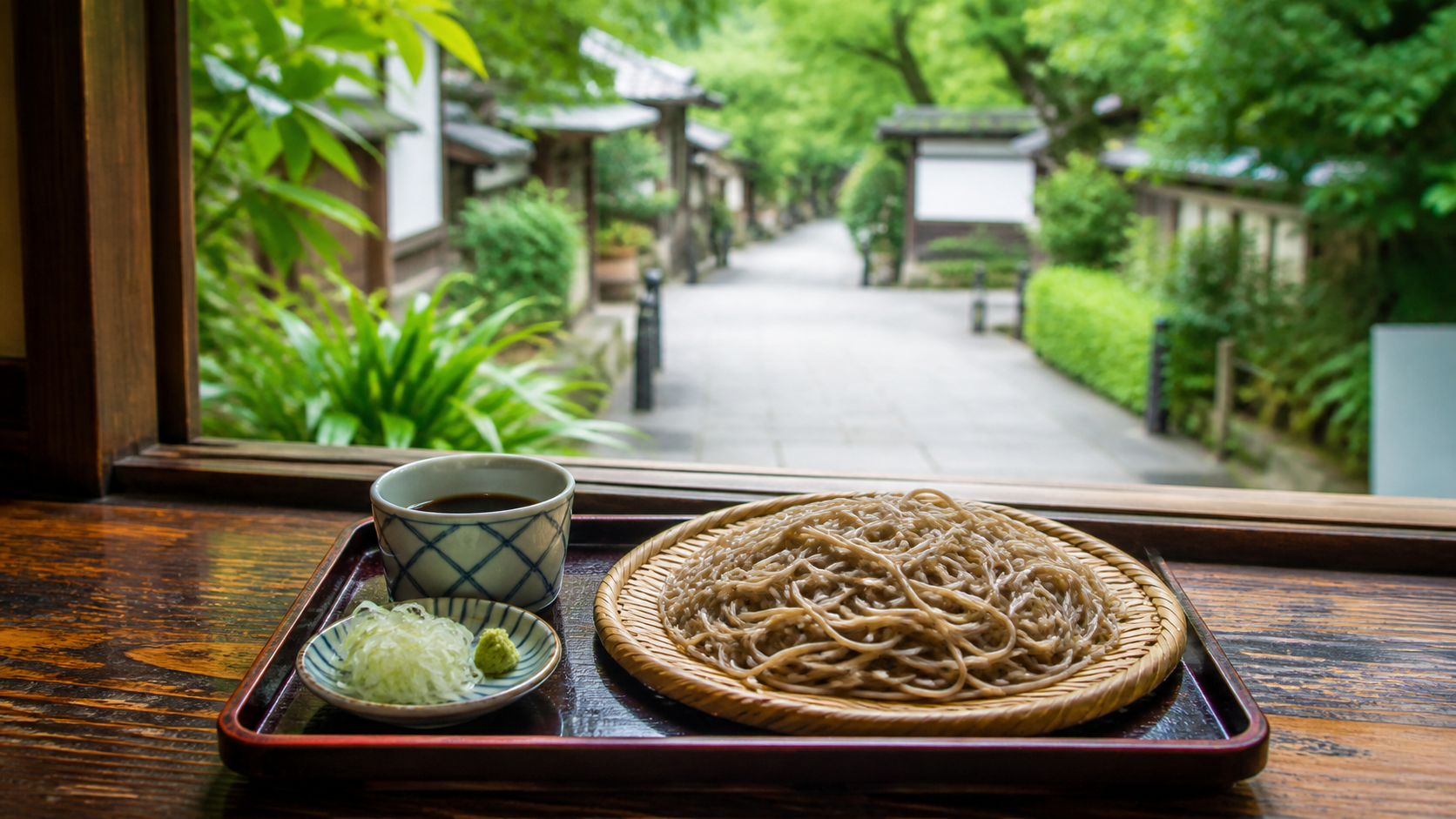 深大寺へのアクセスと名物そばをイメージした風景