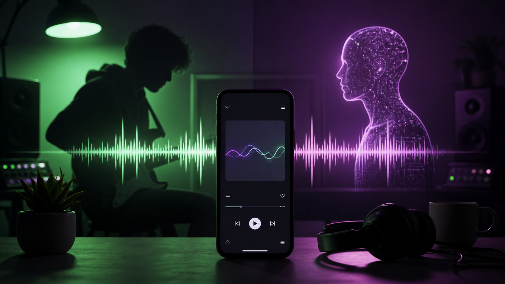 SpotifyのAIアーティストと人間の音楽家を表すイメージ