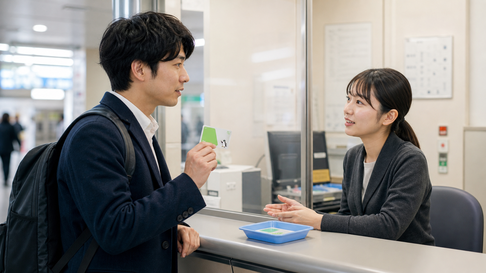 Suicaのペンギンカードについて駅窓口で確認するイメージ