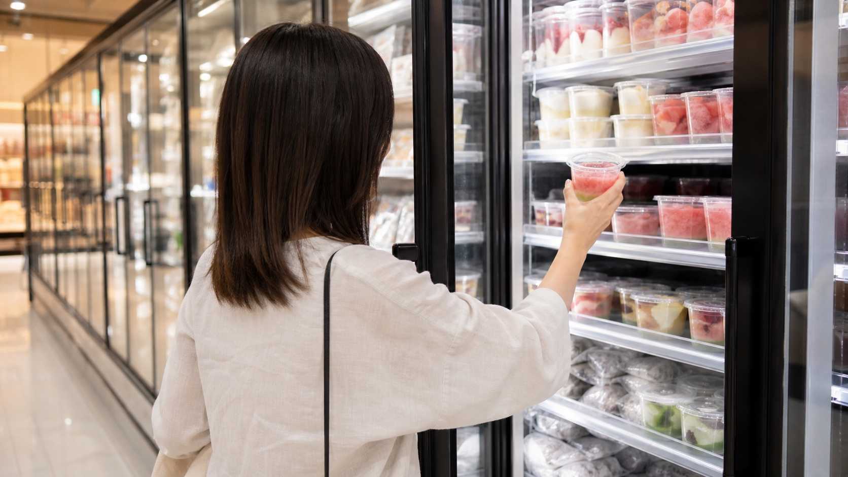スイカバー ジェラートをスーパーの冷凍売り場で探す様子
