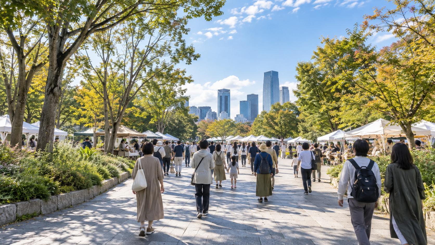 アジア大会ファンゾーンへ向かう公園の遊歩道