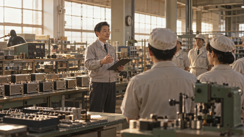 ひよっこの松下さん役と向島電機をイメージした工場風景