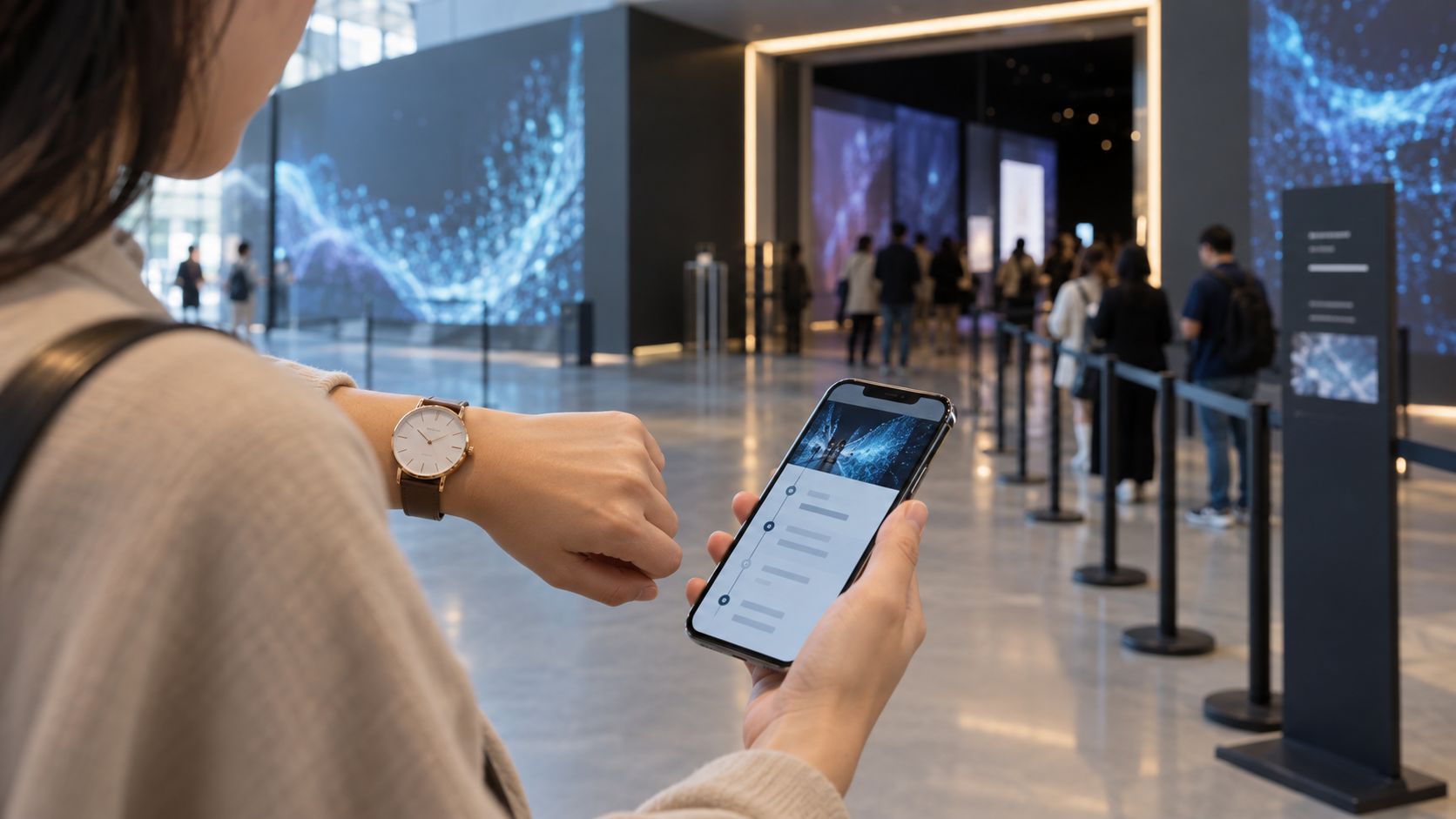 VIVANTイマーシブミッションの入場前にスマホと時計を確認する来場者