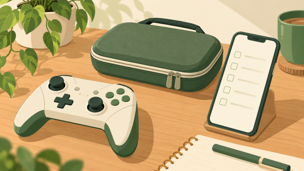 ゲーム用コントローラーとケース、購入確認を示すイラスト