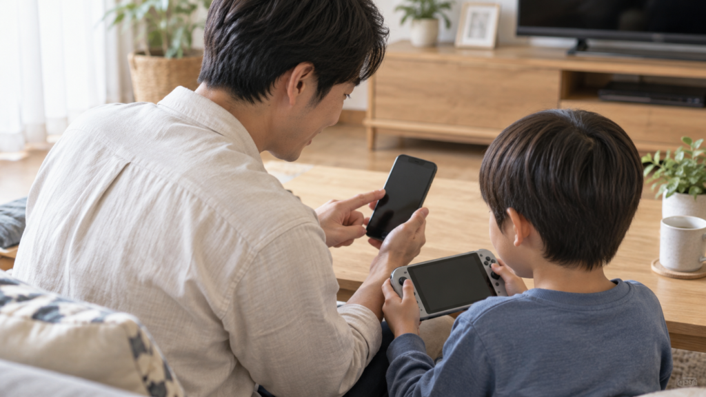 親子がスマートフォンと携帯ゲーム機を見ながら利用者を確認する様子