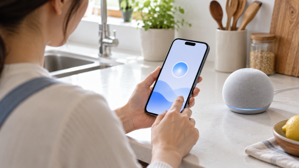 既存のスマートスピーカーのそばでスマートフォンを確認する人のイメージ