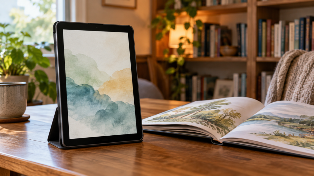 縦置きのタブレットで読書する場面のイメージ