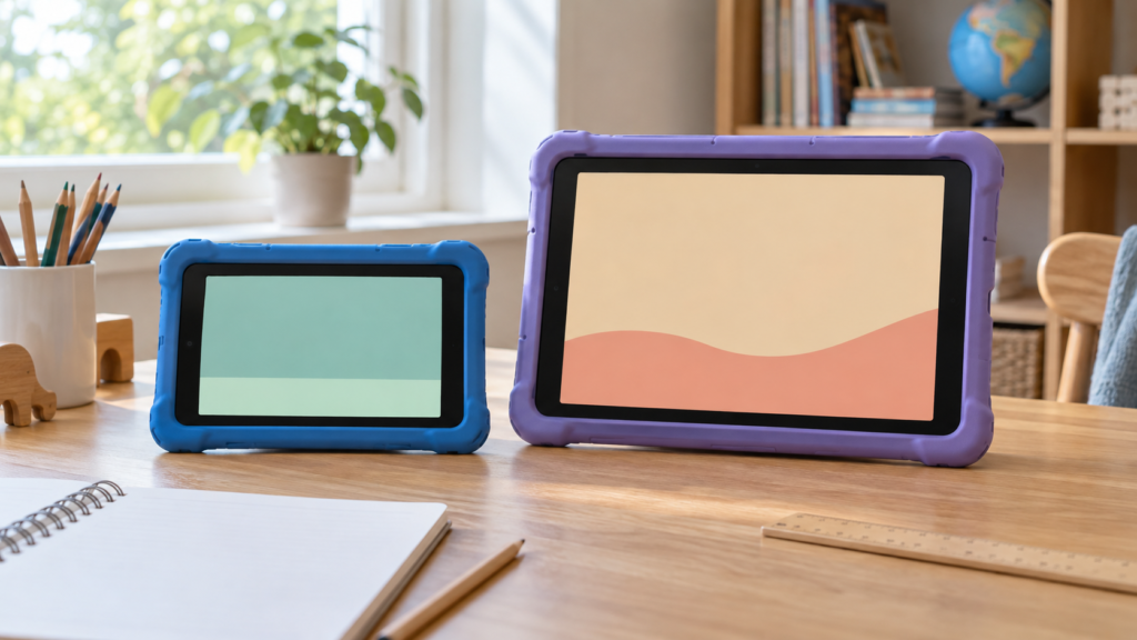 大小のタブレットを並べて使い方を比べるイメージ