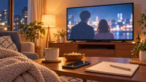 テレビとスマートフォンが置かれた夜の室内のイメージ