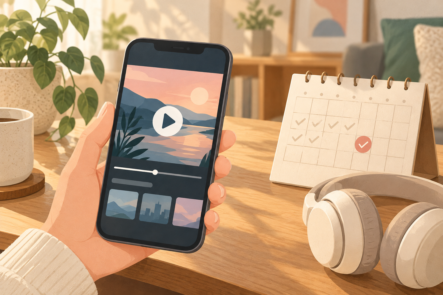 スマートフォンで動画を選ぶ手元とカレンダーのイメージ