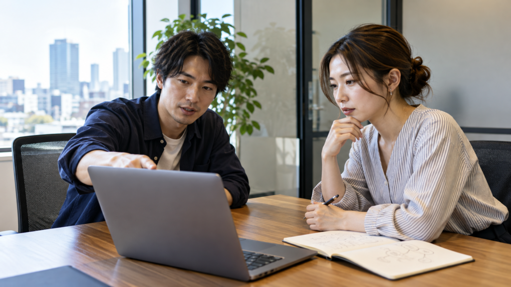 ノートパソコンの成果物を二人で確認し意見を交わす開発者の生成イメージ