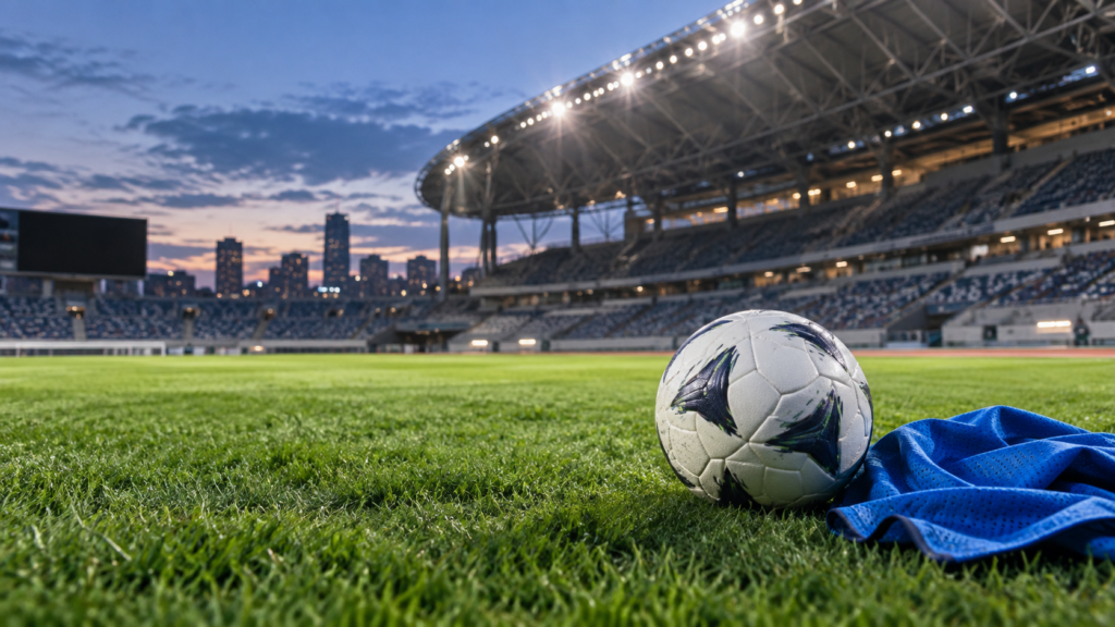 アジア大会サッカーのU-21代表をイメージしたスタジアムとボール