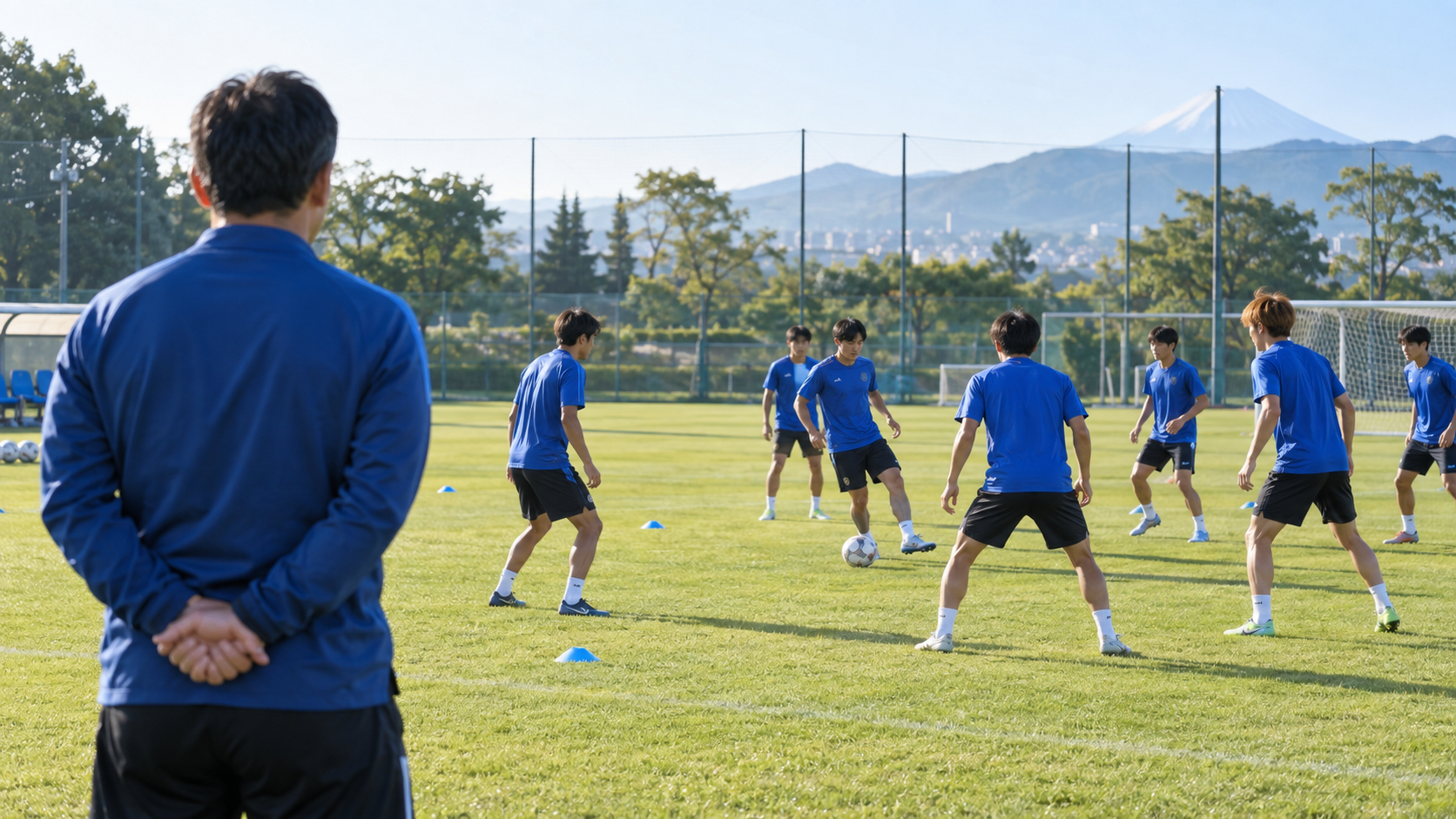 アジア大会サッカーのU-21世代の強化をイメージした若い成人選手の練習風景