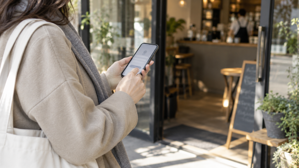 購入する前にスマートフォンで参加登録を確認するイメージ