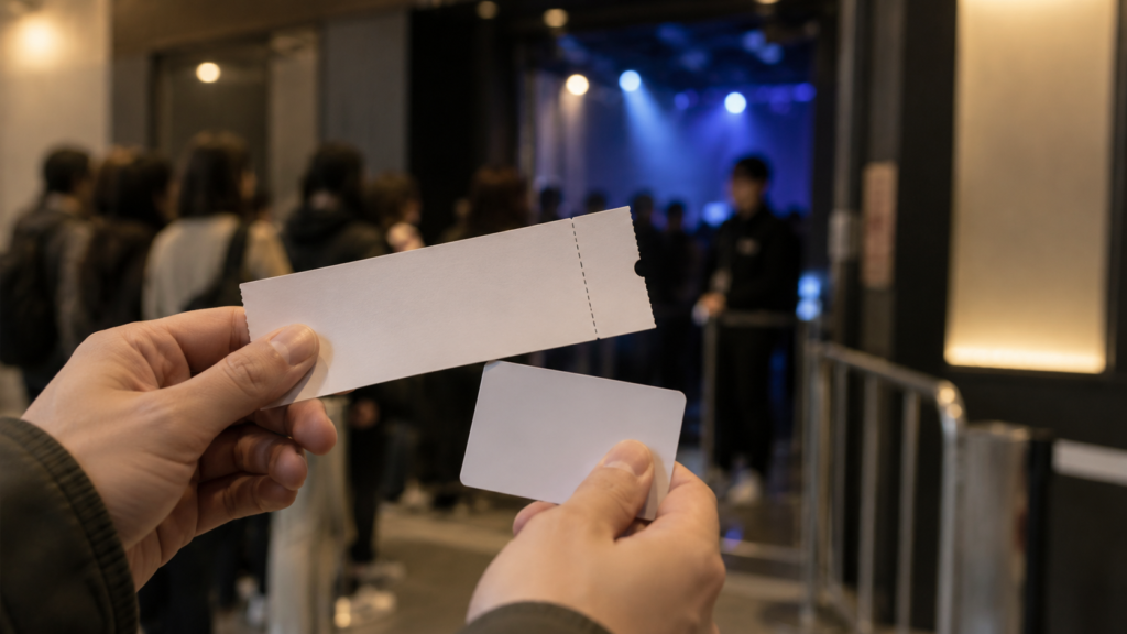 一般的なライブ会場の入場前に無地のチケットを確認する成人の手