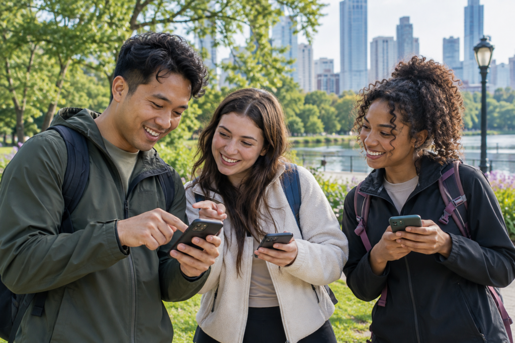 公園でスマートフォンを見ながら集まる人たちのイメージ