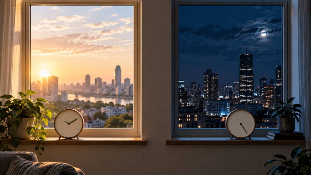 海外の朝と日本の夜という時差を表現した生成イメージ