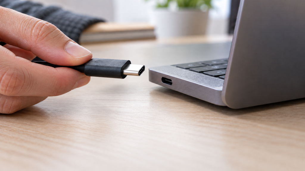 USB-Cケーブルとパソコンの端子を確認する生成イメージ