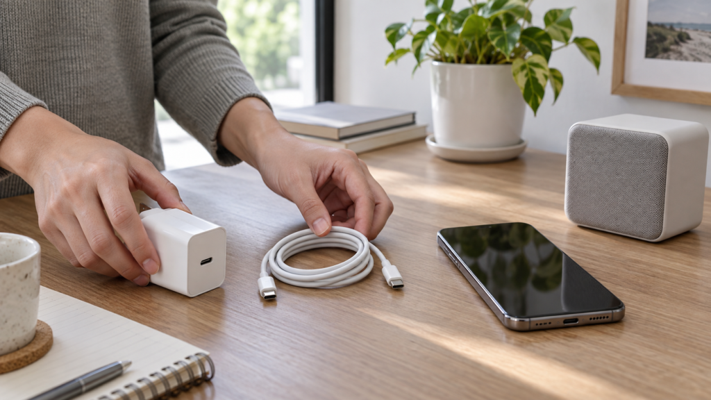 USB-C充電器とケーブルを準備する生成イメージ