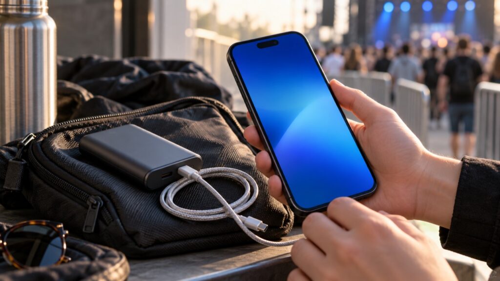 電子チケットに使うスマートフォンと充電器を準備するイメージ