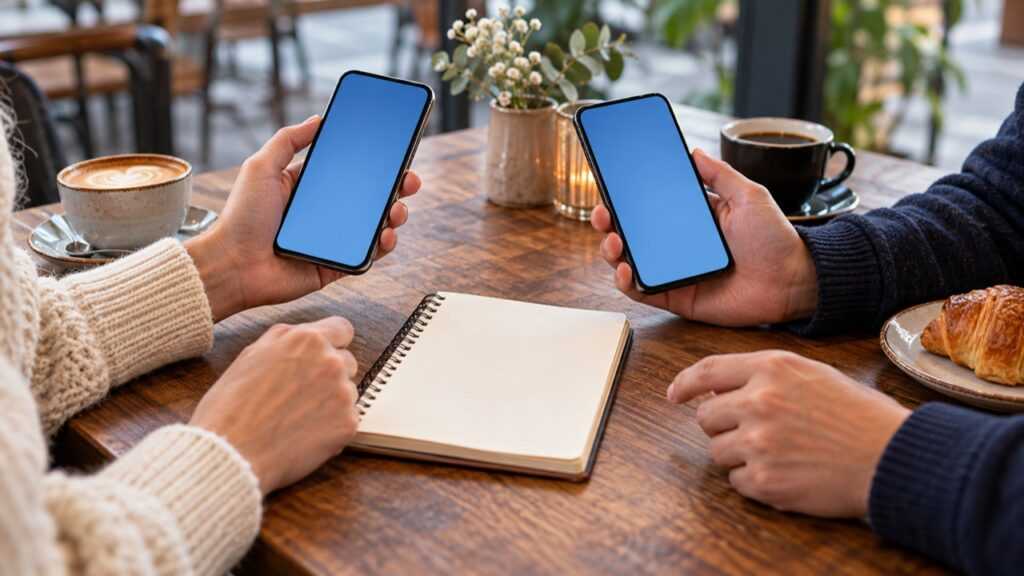 友人同士がそれぞれのスマートフォンで同行の準備をするイメージ