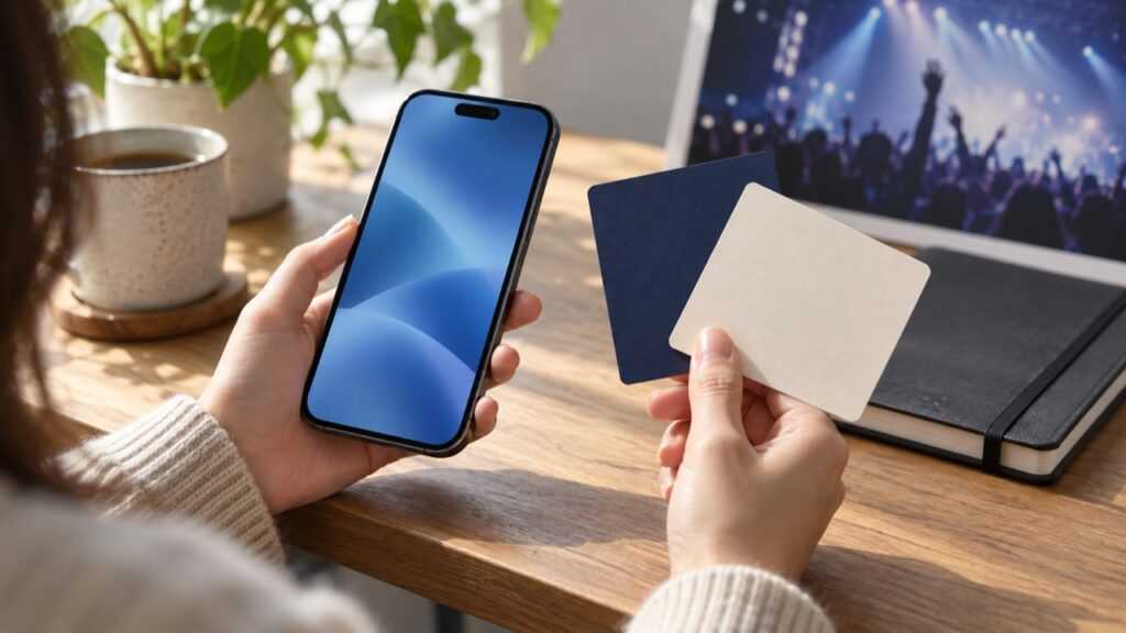 スマートフォンと2種類の無地カードで申込資格を確認するイメージ