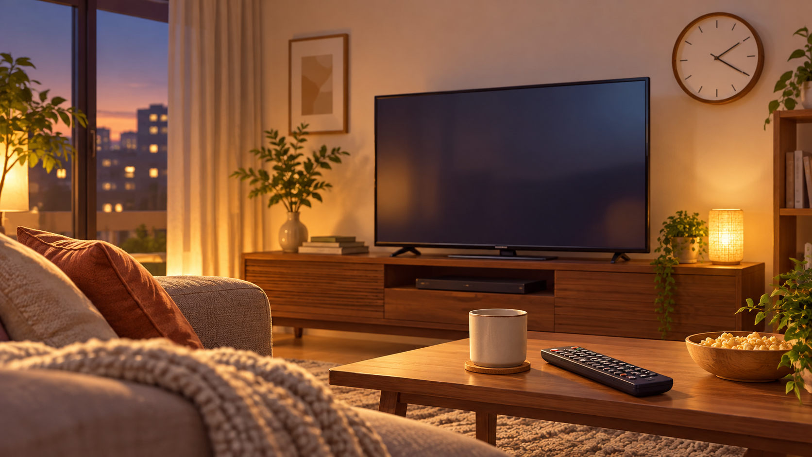 テレビとリモコンのある夜の部屋のイメージ
