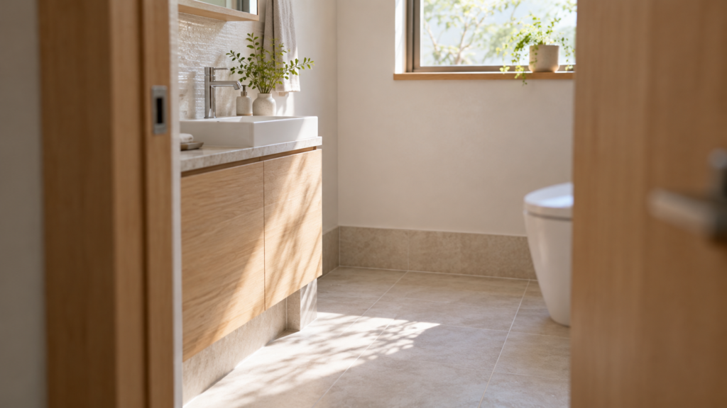 床や手洗いとの配置を考える住宅用トイレ空間のイメージ