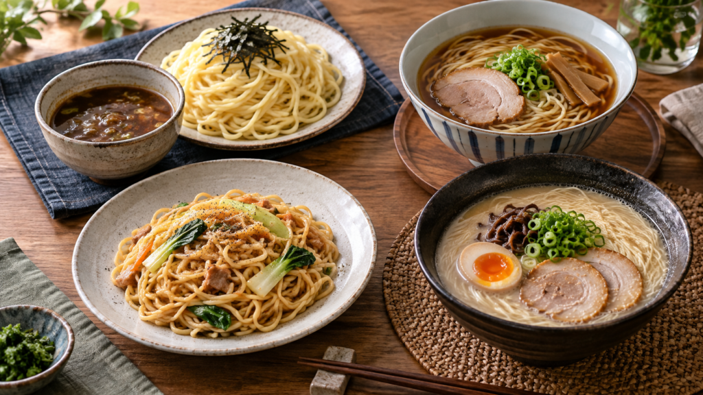 つける・混ぜるなど麺の食べ方を比べる説明用イメージ