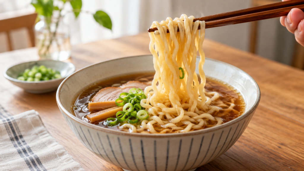 醤油スープとちぢれた麺を表す説明用イメージ