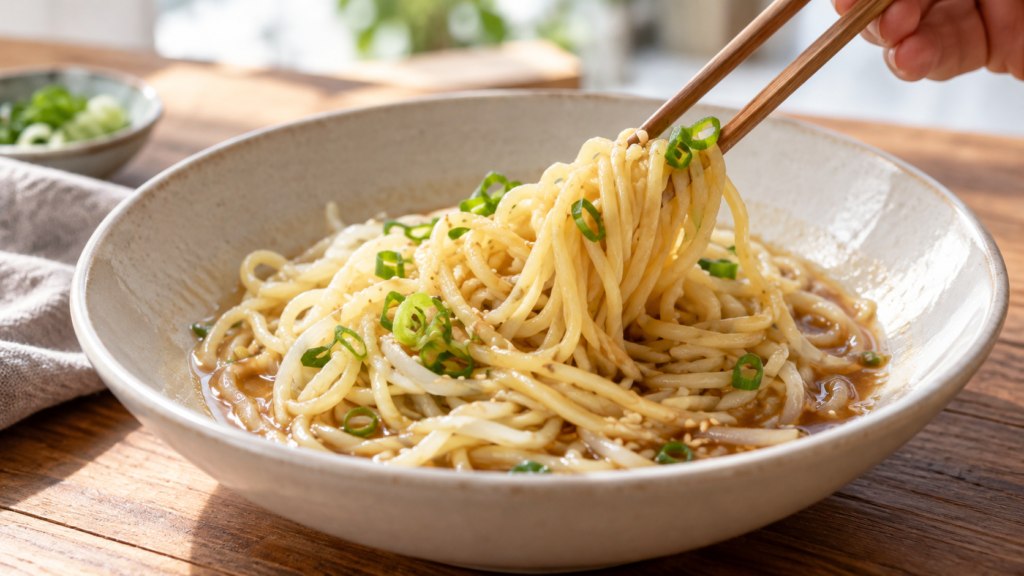 少量のスープと麺を混ぜる食べ方の説明用イメージ