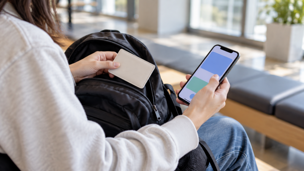 学生証入れとスマートフォンを用意して参加条件を確かめるイメージ