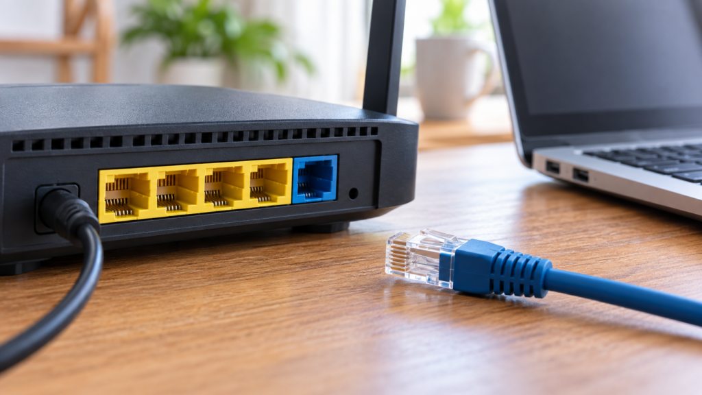 ルーターのLANポートとケーブル、パソコンを点検するイメージ