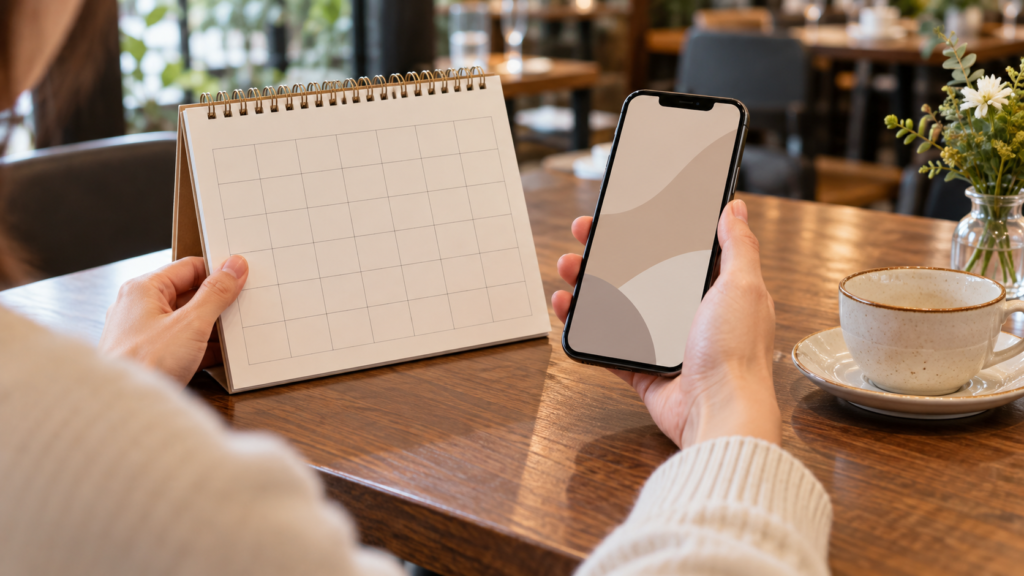 カレンダーとスマートフォンで来店予定を確認するイメージ