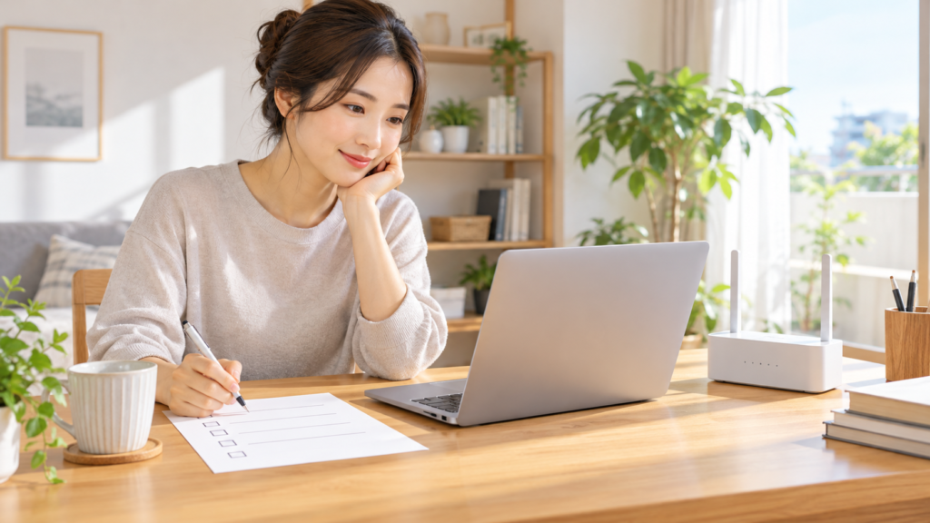 住所と契約条件を確認し光回線の準備を進めるホームオフィスのイメージ