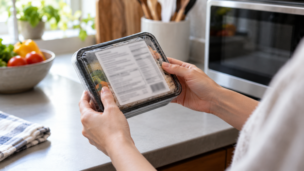 購入した食品の包装表示を確かめる説明用イメージ