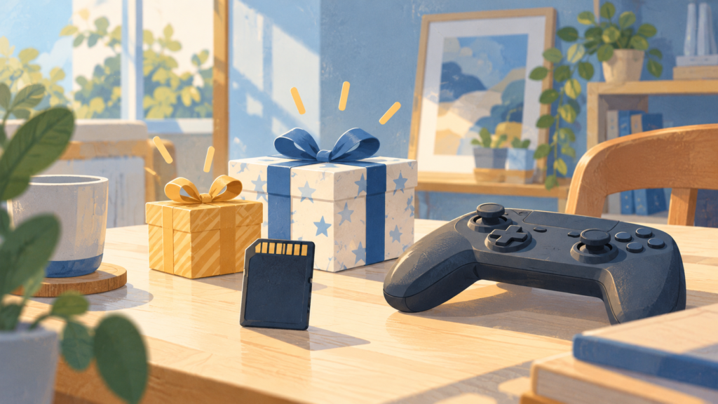 ゲームコントローラーと特典、保存データを表すイラスト